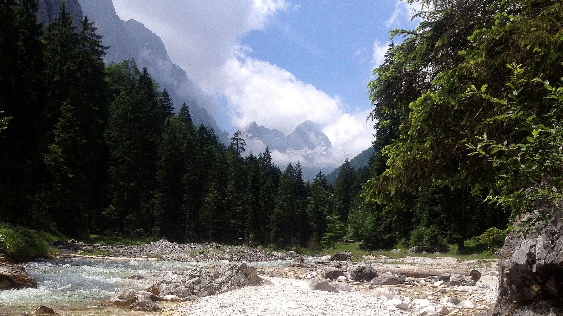 Blick durch das Höllental auf die Wettersteinwände im Sommer